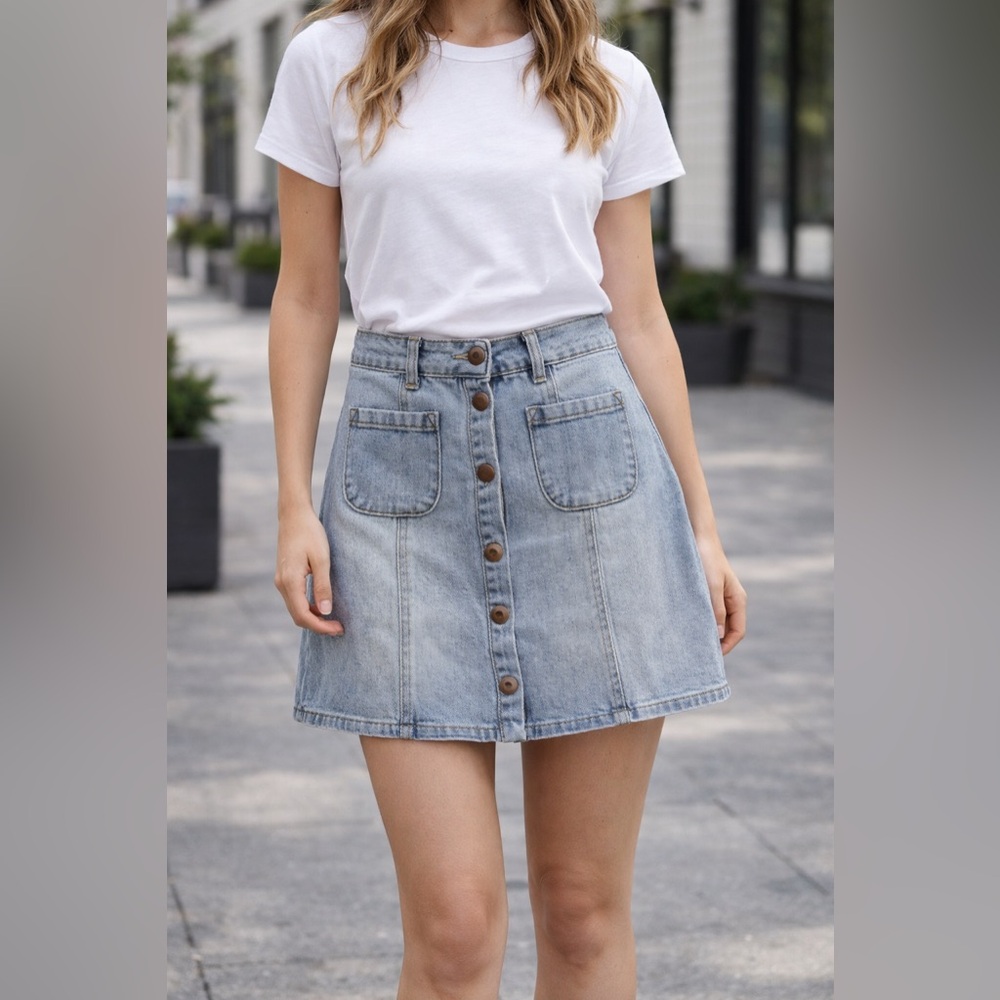 Brandy Melville Denim Button Front Mini Skirt | High Rise Pocketed | Small